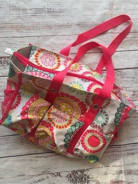 Thirty One Pink Floral Canvas Craft Tote Bag with Front Pockets